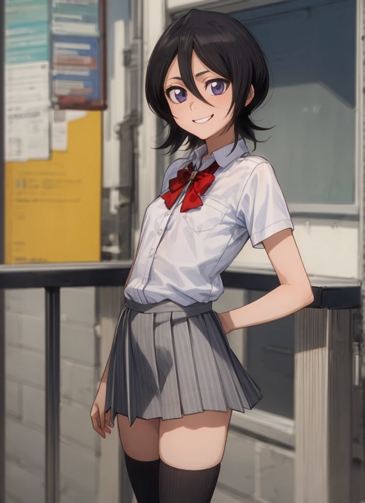 ((best quality)), ((highly detailed)), masterpiece, , (1girl), Perspective distortion, cowboy shot, ((wide shot)), Rukia, black hair, short hair, hair between eyes, purple eyes, small breasts, smiling, , white collared shirt, red bowtie, grey pleated skirt, socks, shoes, (outside, black thighhighs