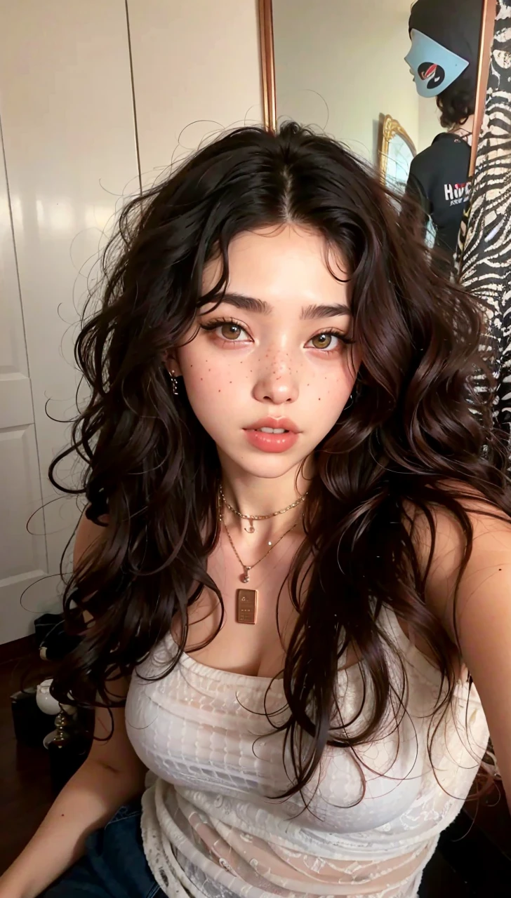 plucked woman with black hair and a necklace sitting on a step, curly copper colored hair, with curly black hair, curly bang, black curly hair, wild ginger hair, curly black hair, Madison Beer como Leeloo, ginger wavy hair, ginger hair with freckles, coral brown hair, red curly hair, with long curly hair