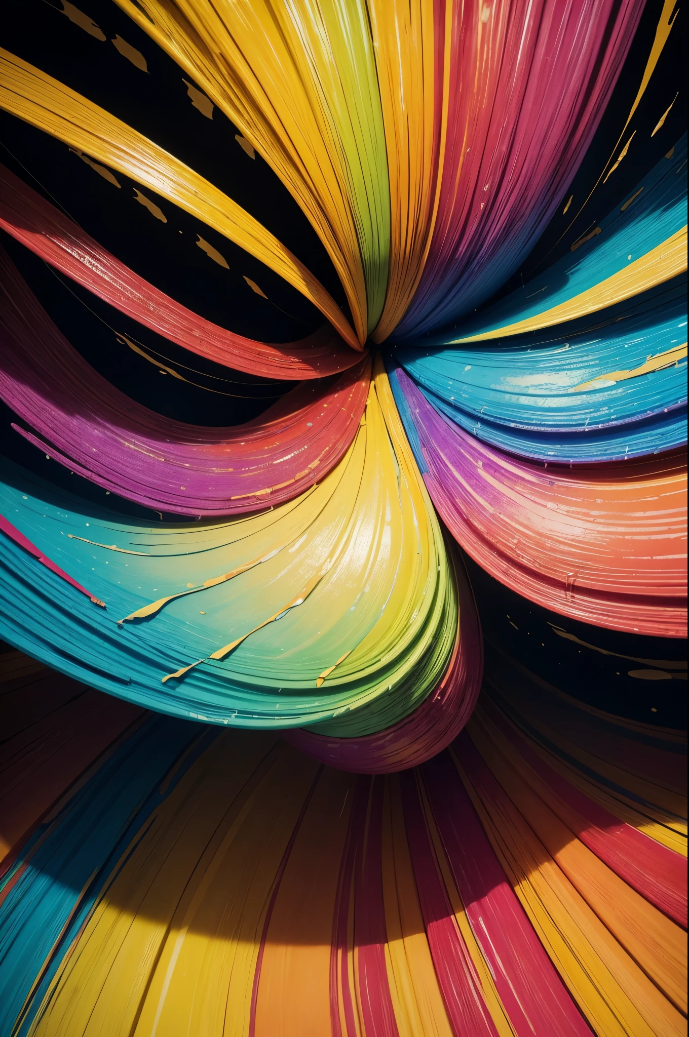 Create an ultra-realistic abstract art piece that features a dynamic interplay of vibrant colors and geometric shapes. The composition should be visually striking, with bold hues such as electric blues, fiery reds, bright yellows, and deep purples dominating the canvas. The shapes should vary in form, including sharp triangles, fluid circles, and intricate polygons, all interacting in a harmonious yet energetic dance.
Incorporate layers of texture to add depth to the piece, with some areas appearing smooth and glossy while others have a rough, almost tactile feel. The use of light and shadow should create a sense of movement and dimension, making the shapes appear as if they are floating or intersecting in a three-dimensional space.
The background can be a gradient of colors, seamlessly blending from one hue to another, enhancing the sense of flow and continuity. Random splashes of paint and intricate patterns can be added to break the uniformity and introduce an element of surprise and chaos.
Overall, the artwork should evoke a sense of excitement and curiosity, drawing the viewer in to explore the complex interplay of colors and forms. The image should be highly detailed, capturing the nuances of each shape and the vibrancy of each color, making it a visually immersive experience.
