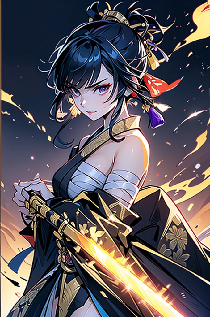 ((roll up bandage sideways on a chest tightly to cover the chest without gaps)), flat chest,Japanese Gangster BOSS, adult woman with the dignified presence, Killing Qi, don't wear around shoulder, don't wear around neck,wear the kimono from the waist down, ((kimono come off)) ,wear the kimono multiple times, Bare shoulders and the clavicle, black and gold kimono, put on over jacket of kimono, holding a japanese sword which shine in purple, long sword, eye fire, low angle, whole body, bandage is seen, anime character, Glaring, off sholder, nappropriate smile, Excellent, black blue hair, can see both shoulder, long hem