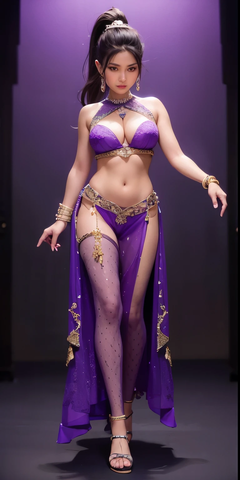 Fine、(The best illustrations)、8k UHD resolution、intricate-detail、top-quality、hyper-realisitic、ultra-detailed、The best lighting、Best Shadows、Soft lighting、Ulutra HD, 1 human girl, A gorgeous genie with a high ponytail, (Emma Samms:Lee Meriwether:0.3), nubile, luscious underboob, defined abdomen, bracelet, wearing a fully open sleeveless Turkish bolero vest, purple and short, luscious bust with purple bra, very transparent harem pants with elastic cuffs, harem shoes, Silver embroidery, exudes sensuality, walking towards camera with zoom out and full body perspective.