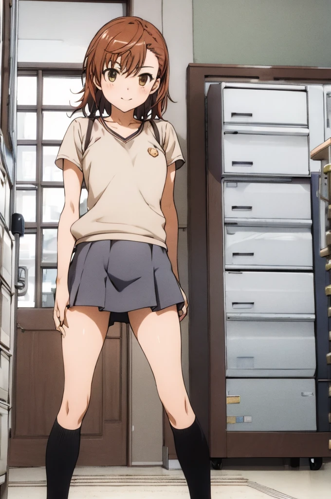 masterpiece, best quality, highres, 1girl, standing, hand on hip, misaka mikoto tokiwadai 