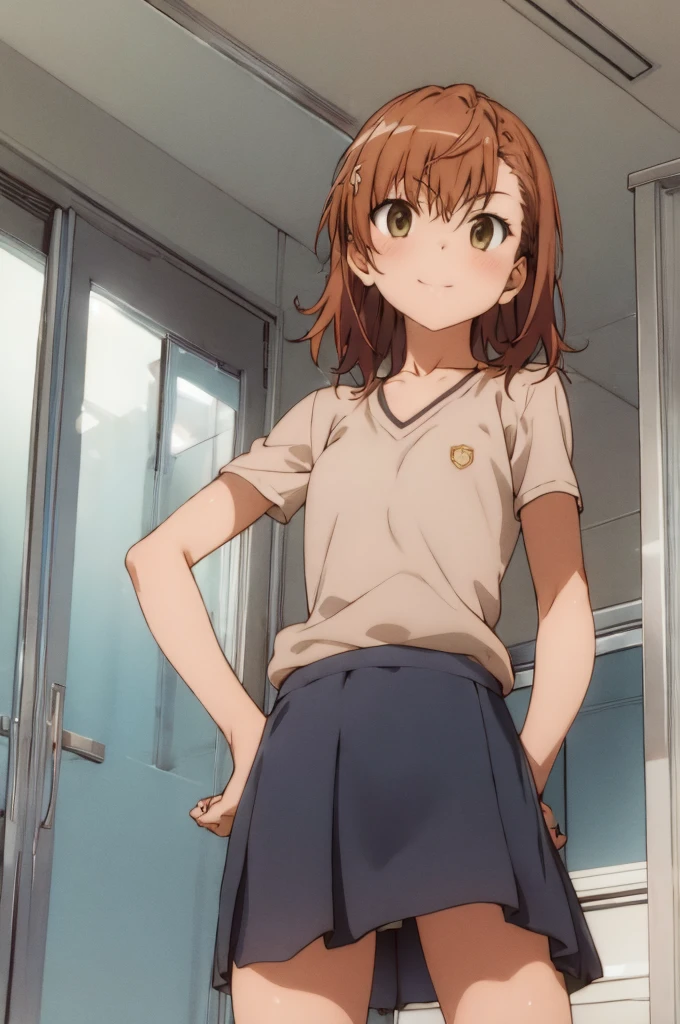 masterpiece, best quality, highres, 1girl, standing, hand on hip, misaka mikoto tokiwadai