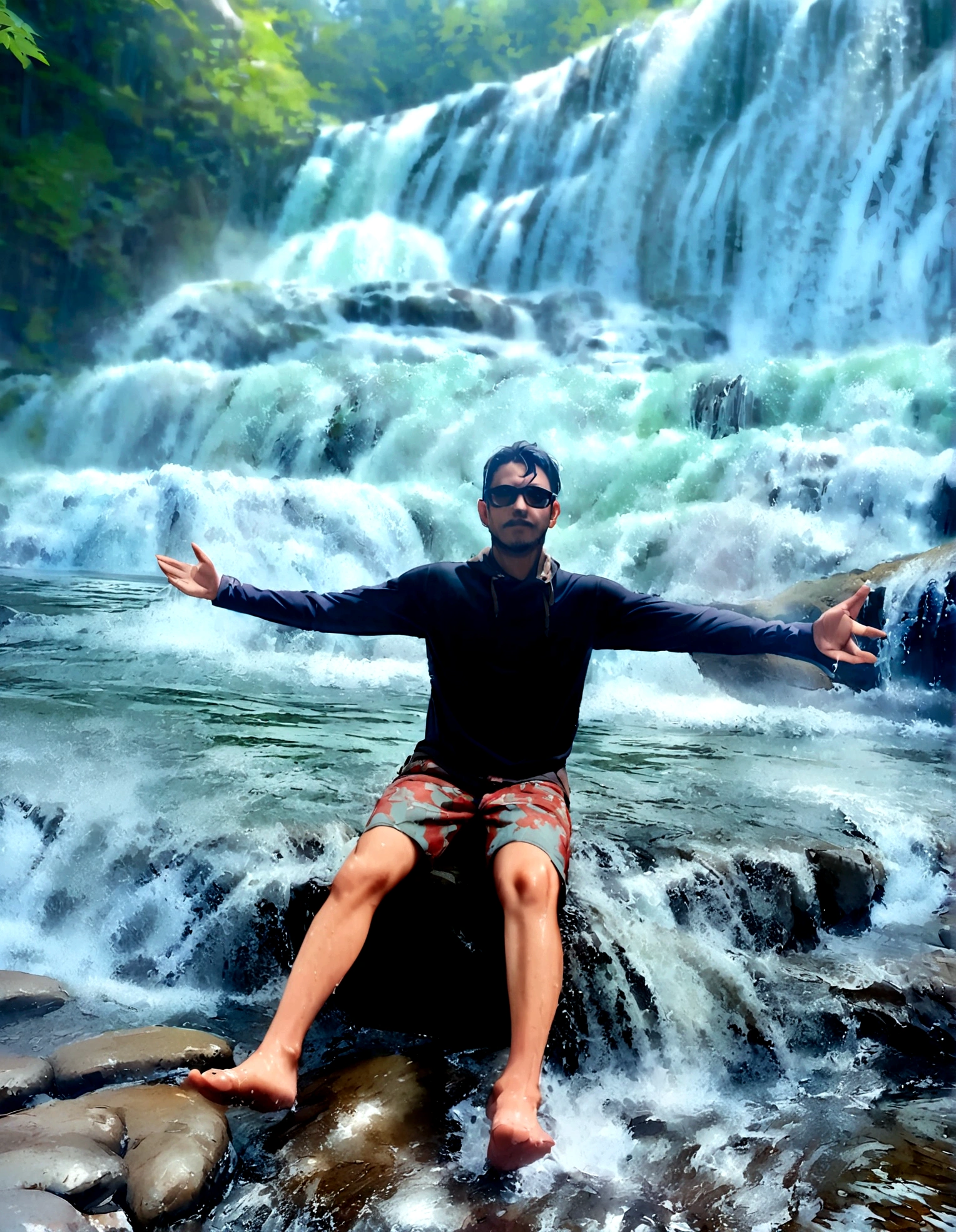 There is a man sitting on a rock in the water, standing at a waterfall, waterfalls in the background, standing in front of a waterfall, playing in waterfalls, next to a waterfall, waterfall in the background, with waterfalls, with waterfalls, standing inside a waterfall, bathing in a waterfall, standing near a waterfall, waterfall in the background, under a waterfall