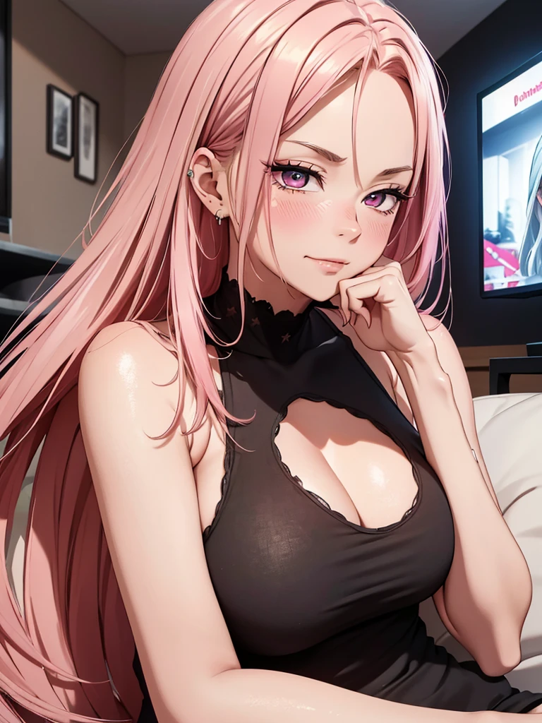 (best quality,8k,16,highres,masterpiece:1.2),ultra-detailed,(realistic:1.37) UHD, exited attractive mature woman, pink hair, beautiful detailed eyes, detailed face and expressions, rendered eye ,perfect anatomy, beautiful detailed lips, wearing tight black tanktop, smirking, lusty, horny blushing, lying on couch, on back, leaning forward, simple lying, looking at viewer, happy, smirking, lusty, horny blush, not too close to viewer, relaxing atmosphere,neutral color scheme ,cozy environment,soft natural lighting, exited expressionenthusiastic gaming session,console gaming, Detalied TV in background, gaming room room, simple background, night time, shot straight, one hand between breasts 
