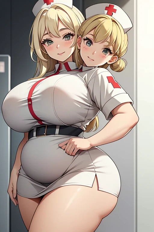 2heads, a short fat woman with 2 heads. She has extremely huge breasts. She is in a hospital. She is wearing a nurse's outfit. She is wearing a nurse's hat. She is very short. Is is extremely fat. She is smiling wide. She has enormous fat breasts. She has blonde hair put up in a bun. She looks mature. She has massive fat breasts. She looks motherly and caring. She has huge fat . She looks seductive. She is exposing her breasts. She is extremely fat. She is extremely short. Her breasts are gigantic.