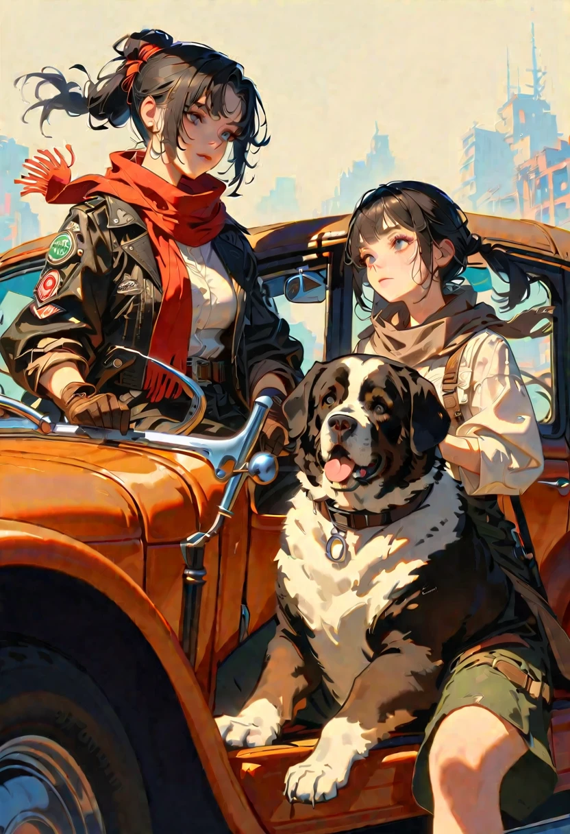style 9, a woman with straight black hair tied in a ponytail 1, black eyes, tanned complexion, wearing old post-apocalyptic clothing, scarf, gloves, goggles, hood, sitting in an old car. Next to a Saint Bernard dog