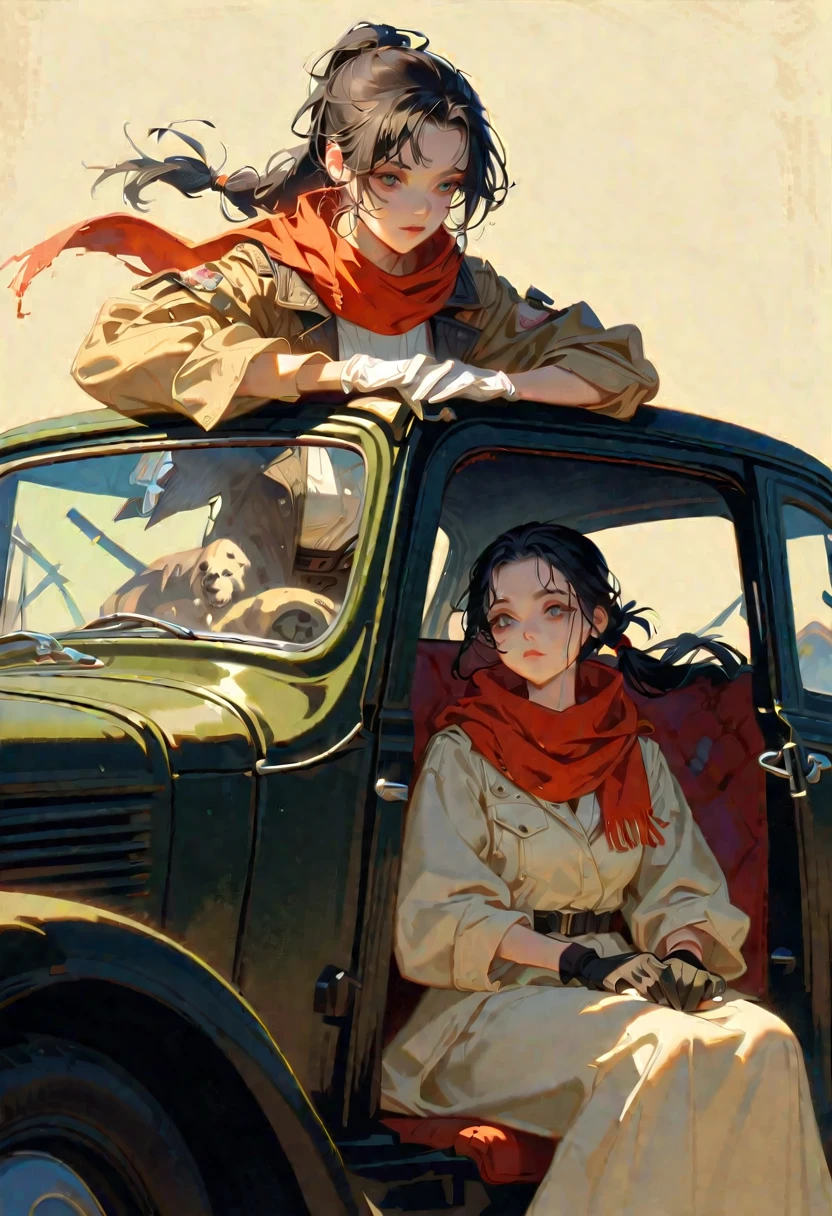 style 9, a woman with straight black hair tied in a ponytail, black eyes, wearing old post-apocalyptic clothing, scarf, gloves, goggles, sitting in an old car. Next to a Saint Bernard dog