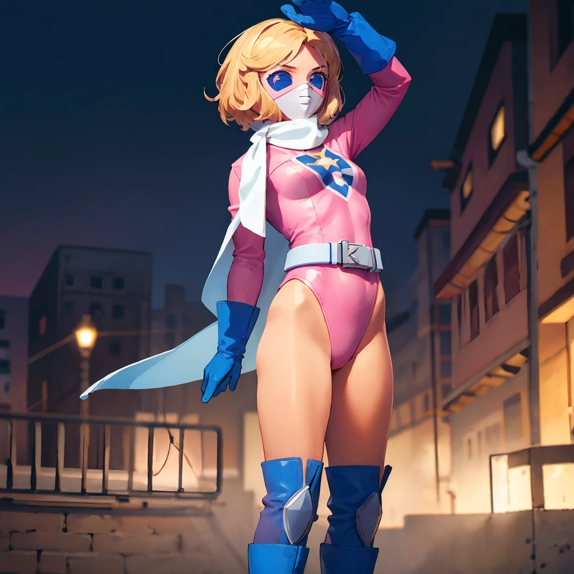 Street(bottom):1.6, A girl:1.5, masterpiece, of the highest quality, The best details, Optimal ratio, best anatomy, The best face, Chest in the best shape., (realist:1.37, Genuine), 8K integrated high-definition CG wallpaper, Digital SLR Cameras, Soft lighting, miss america, battle fever j, Forest ranger, rubio, short hair, face mask, face masked, pink leotard, blue gloves, blue boots, belt, white scarf, They are standing,pubic hair, NSFW,