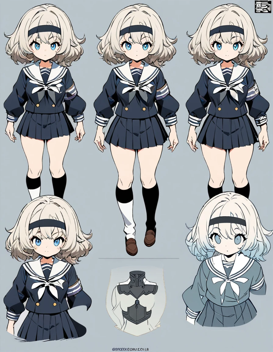 1girl, full body, sailor uniform, headband, ,masterpiece, clean lineart, clean anime outlines, best quality, high quality, high details, concept art, multiple angles, multiple views, long socks, HD, 4K, 8K, super detailed, super fine, highres,