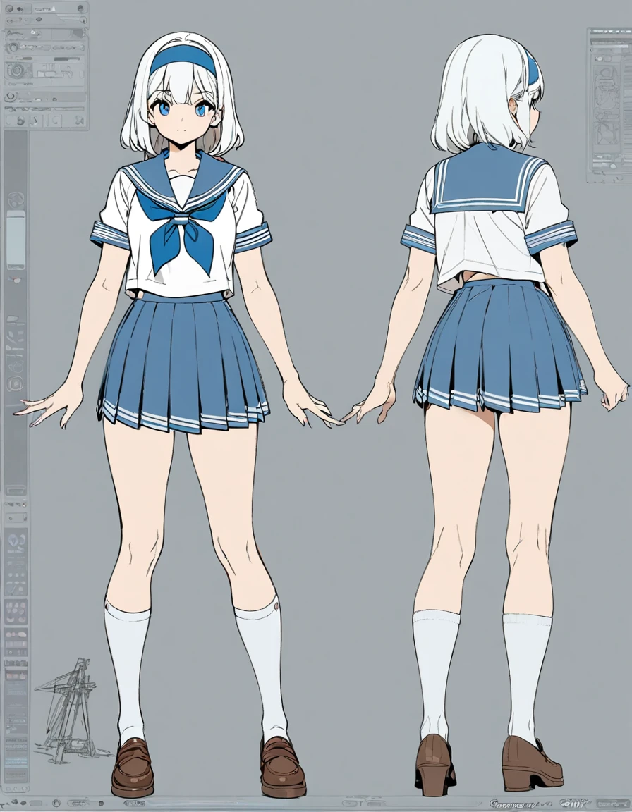 1girl, full body, sailor uniform, headband, ,masterpiece, clean lineart, clean anime outlines, best quality, high quality, high details, concept art, multiple angles, multiple views, long socks, HD, 4K, 8K, super detailed, super fine, highres,