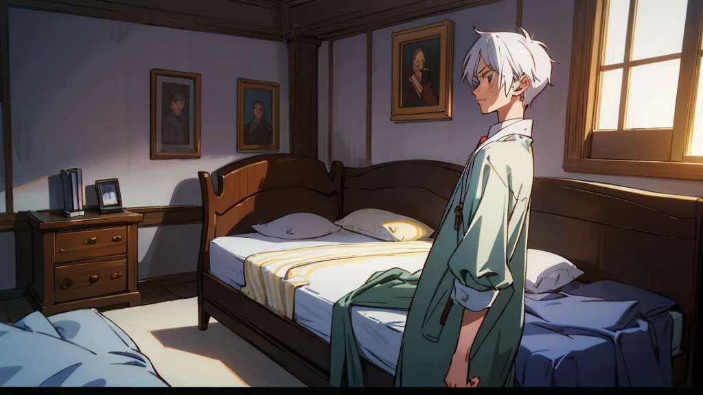 "20-year-old boy with neatly trimmed white hair. He is in an empty room, sitting on a bed, with a melancholic expression. The scene is inspired by Akon's 'Lonely' music video. The walls are plain, with a vintage telephone next to the bed. The soft lighting and sad atmosphere reflect a feeling of loneliness. He is wearing modern Y2K-style clothes, conveying a mix of nostalgia and contemporary."
Additional Description for AI:
Hair: White, modern style and neatly trimmed.
Age: 20s.
Setting: Empty room, sad and melancholic atmosphere, inspired by Akon's 'Lonely' music video.
Clothing: Y2K (2000s) style, modern.
Room Elements: Plain bed, vintage telephone, soft lighting.
This should provide a detailed description to create an AI image of the character you described in the desired setting.