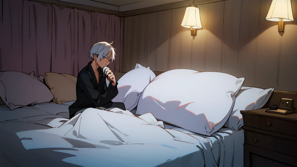 "20-year-old boy with neatly trimmed white hair. He is in an empty room, sitting on a bed, with a melancholic expression. The scene is inspired by Akon's 'Lonely' music video. The walls are plain, with a vintage telephone next to the bed. The soft lighting and sad atmosphere reflect a feeling of loneliness. He is wearing modern Y2K-style clothes, conveying a mix of nostalgia and contemporary."

Additional Description for AI:

Hair: White, modern style and neatly trimmed.

Age: 20s.

Setting: Empty room, sad and melancholic atmosphere, inspired by Akon's 'Lonely' music video.

Clothing: Y2K (2000s) style, modern.

Room Elements: Plain bed, vintage telephone, soft lighting.

This should provide a detailed description to create an AI image of the character you described in the desired setting.