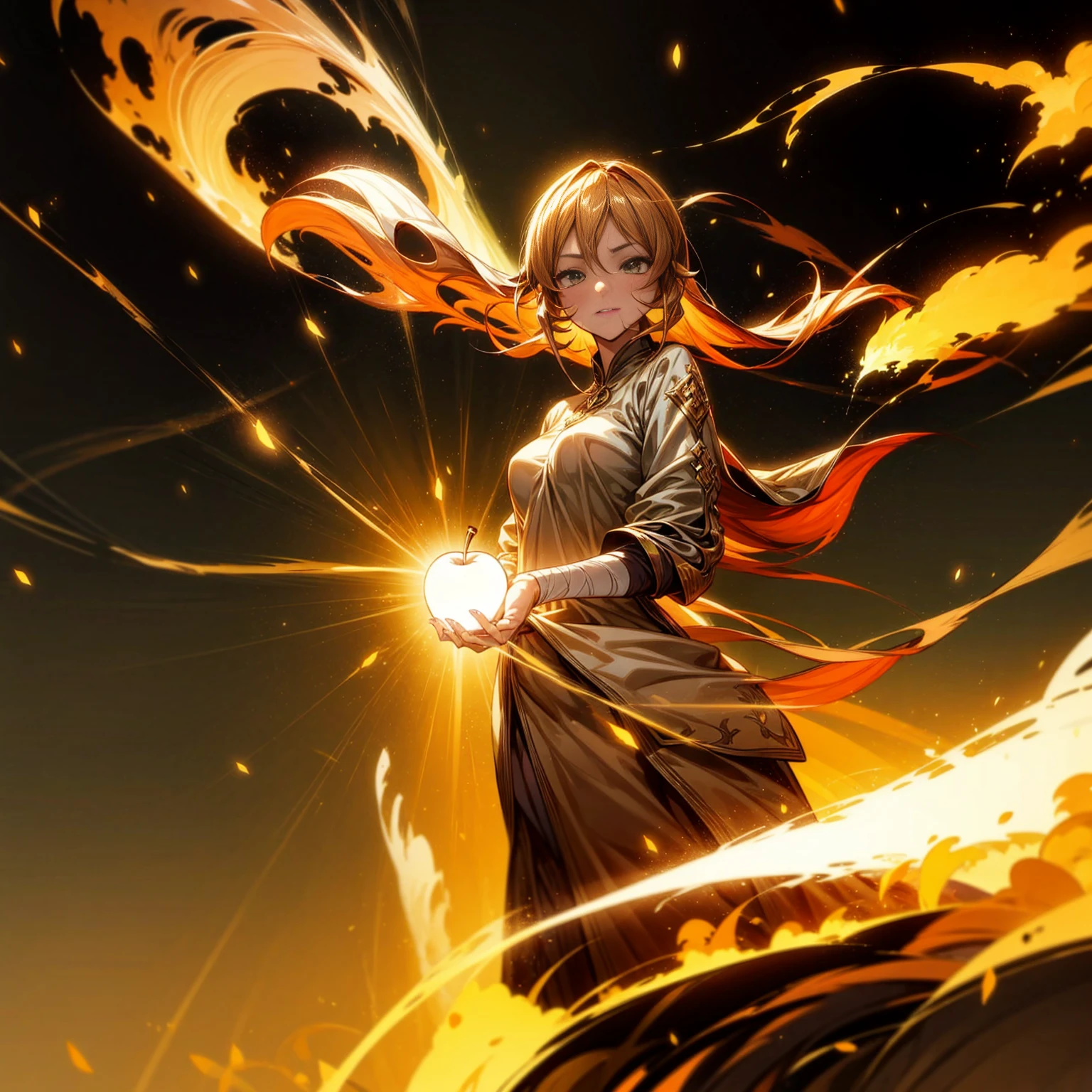 1girl, Full body version, 1character, adult version, green color eyes color, long haircut, brown colour hair, Happy expression, Bandage on his hand, medieval style clothing, gold Apple in hand, background in town, motion blur, aura effect, lighting gold Apple, smoke aura in hand, lighting fire, fire effect, sunlight, Light silhouette, golden light aura, apple emitting smoke aura, (pokemon style art)