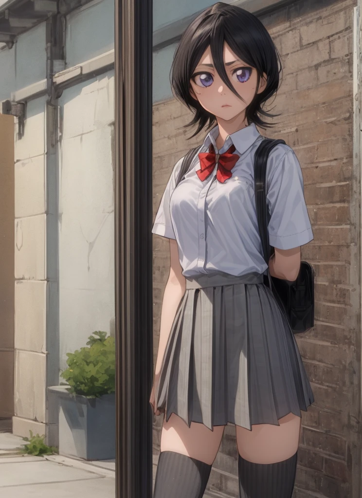 ((best quality)), ((highly detailed)), masterpiece, , (1girl), Perspective distortion, cowboy shot, ((wide shot)), Rukia, black hair, short hair, hair between eyes, purple eyes,  , white collared shirt, red bowtie, grey pleated skirt, socks, shoes, (outside, black thighhighs,medium breasts