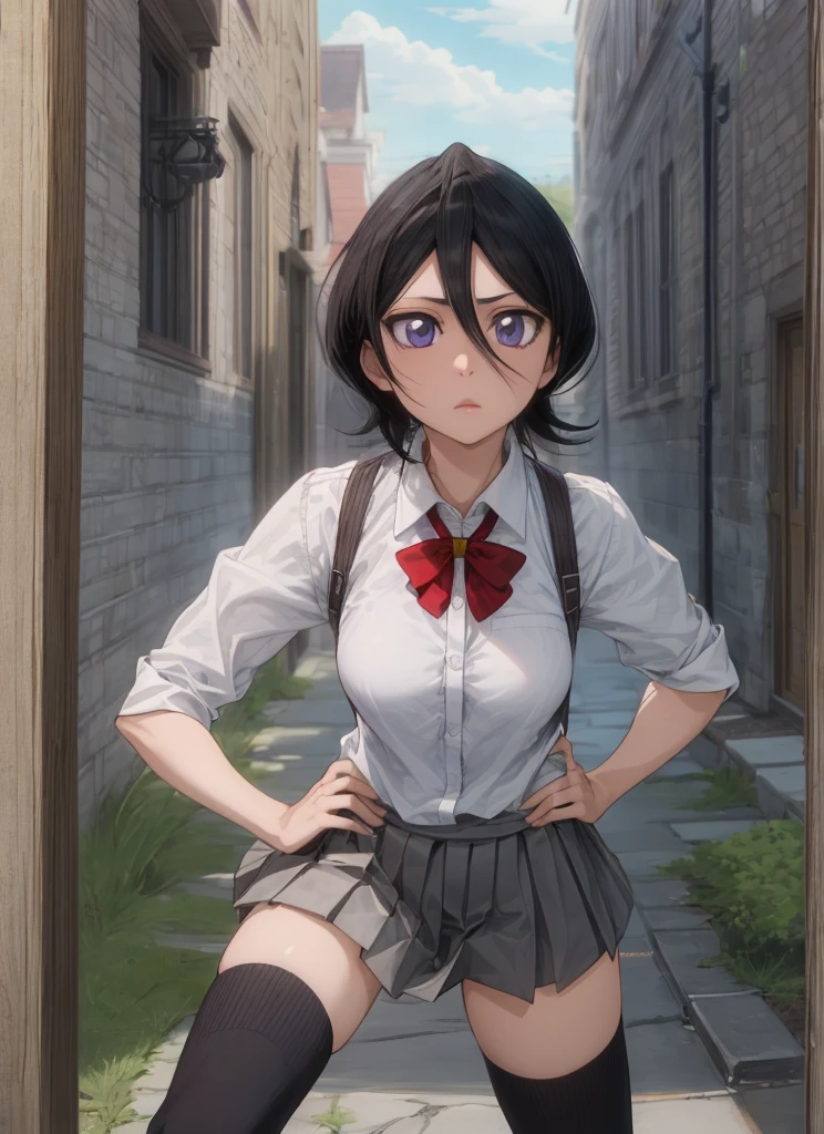 ((best quality)), ((highly detailed)), masterpiece, , (1girl), Perspective distortion, cowboy shot, ((wide shot)), Rukia, black hair, short hair, hair between eyes, purple eyes,  , white collared shirt, red bowtie, grey pleated skirt, socks, shoes, (outside, black thighhighs,medium breasts