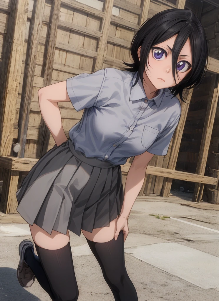 ((best quality)), ((highly detailed)), masterpiece, , (1girl), Perspective distortion, cowboy shot, ((wide shot)), Rukia, black hair, short hair, hair between eyes, purple eyes,  , white collared shirt, red bowtie, grey pleated skirt, socks, shoes, (outside, black thighhighs,medium breasts