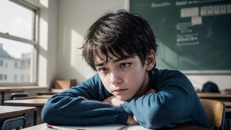 (best quality,highres,masterpiece:1.2),ultra-detailed,(realistic:1.37)
A very sad Very tired 17-year-old male boy in the classroom,softspoken a boy,crying quietly,feeling ashamed,tearful eyes,downcast gaze,sorrowful expression,
,sitting at a desk,wearing a ,trying to hide,hunched shoulders,
barely visible smile,head bent down,sadness reflected in his eyes,feeling out of place,shy and introverted,nervous and uncomfortable,
surrounded by classmates,ignoring him,looking away,unfriendly glances,
brightly lit classroom,neat and tidy,with colorful walls and decorative posters,
chalkboard covered in equations and drawings,books and school supplies scattered on the desk,
sound of children's laughter and conversation,noise filling the air,creating an overwhelming atmosphere,
deep blue color palette,evoking a sense of melancholy and isolation,
soft natural light shining through the window,casting gentle shadows on the floor,
longing for acceptance and friendship,hoping for someone to reach out,
an emotionally charged scene,capturing the vulnerability and fragility of childhood.