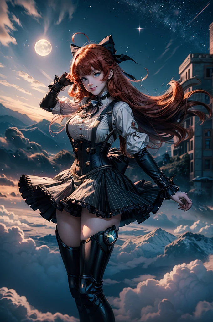 night, moon, stars, cowboy shot, (dynamic pose), smile,  underbust, Penny Polendina, long red hair, neck ribbon, suspender skirt, corset, black bow, white blouse, mechanical legs, neon trim, flying in the sky, blue sky, clouds (volumetric lighting), intricate details, tonemapping, sharp focus, hyper detailed

