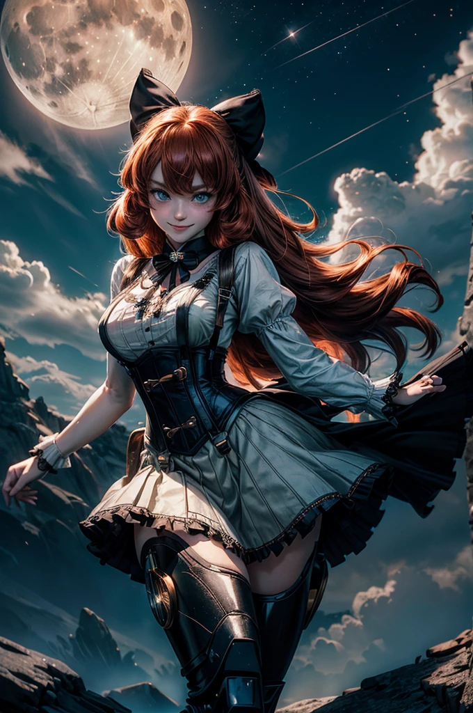 night, moon, stars, cowboy shot, (dynamic pose), smile,  underbust, Penny Polendina, long red hair, neck ribbon, suspender skirt, corset, black bow, white blouse, mechanical legs, neon trim, flying in the sky, blue sky, clouds (volumetric lighting), intricate details, tonemapping, sharp focus, hyper detailed

