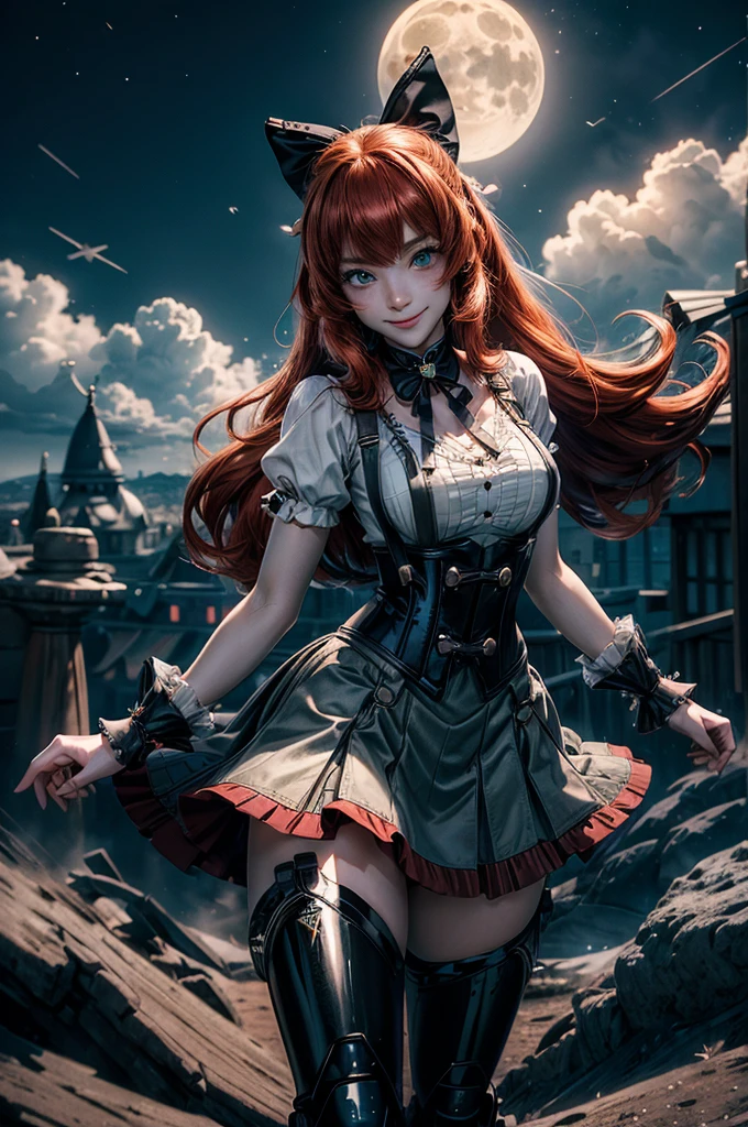 night, moon, stars, cowboy shot, (dynamic pose), smile,  underbust, Penny Polendina, long red hair, neck ribbon, suspender skirt, corset, black bow, white blouse, mechanical legs, neon trim, flying in the sky, blue sky, clouds (volumetric lighting), intricate details, tonemapping, sharp focus, hyper detailed

