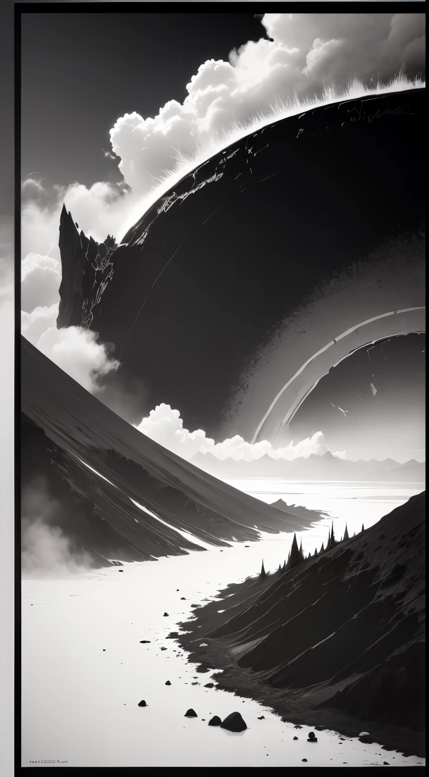 Crater Mist Barrier，Minimalist black and white poster，Abstract Art，Apocalyptic landscape，Award-winning works，Award-winning