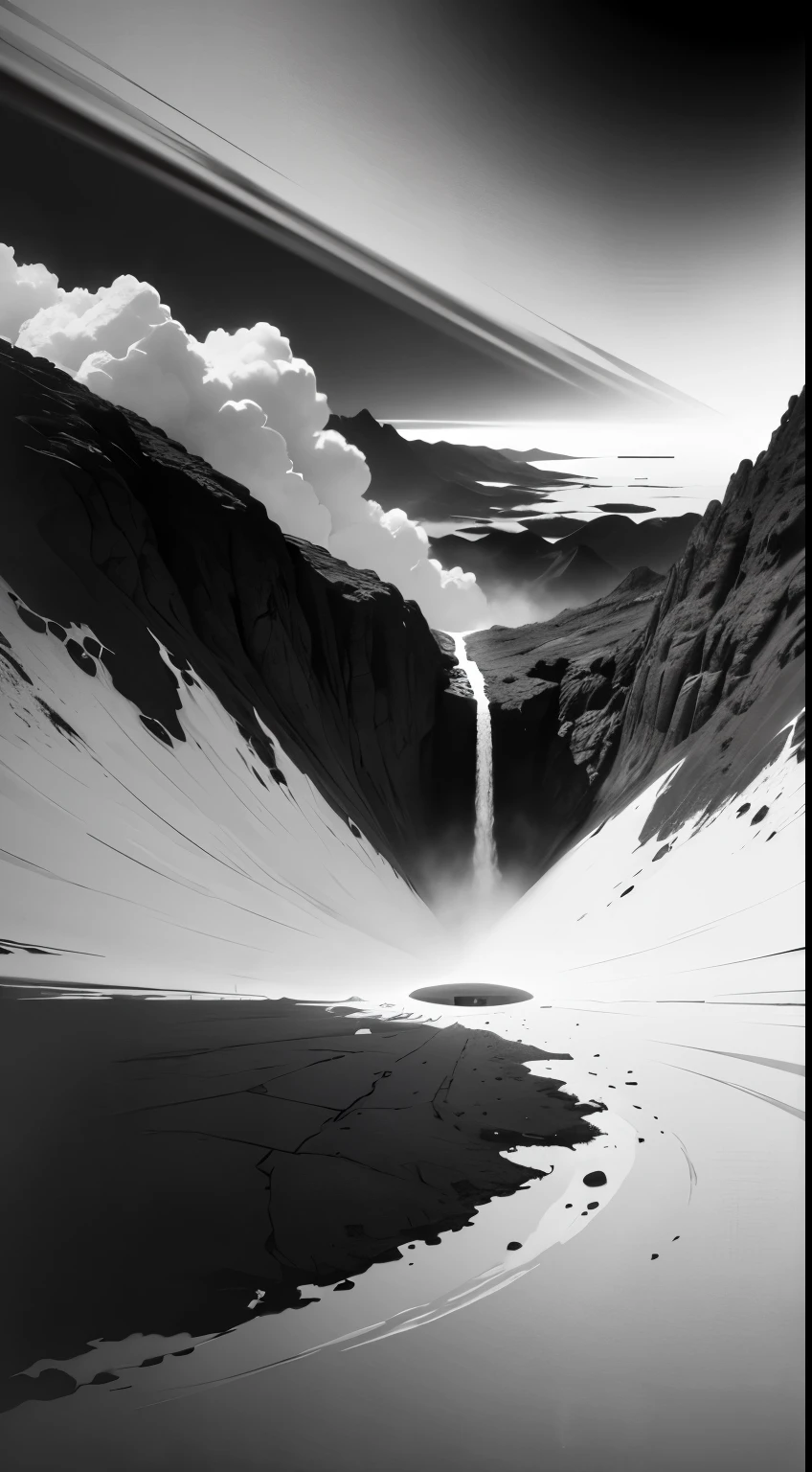 Crater Mist Barrier,Minimalist black and white poster,Abstract Art,Apocalyptic landscape,Award-winning works,Award-winning