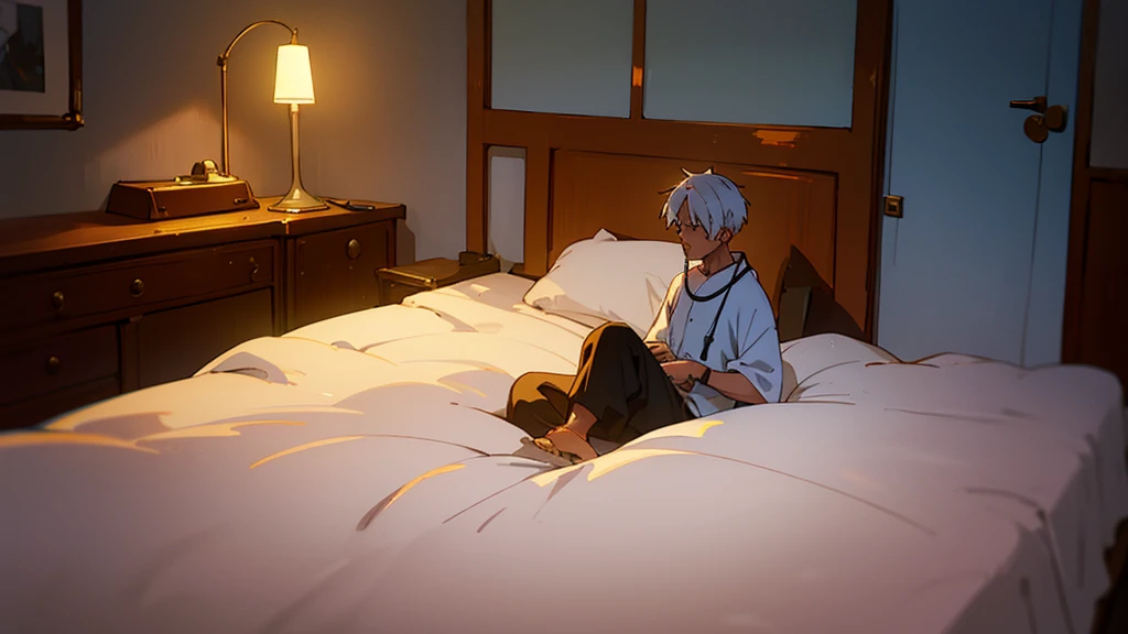 "20-year-old boy with neatly trimmed white hair. He is in an empty room, sitting on a bed, with a melancholic expression. The scene is inspired by Akon's 'Lonely' music video. The walls are plain, with a vintage telephone next to the bed. The soft lighting and sad atmosphere reflect a feeling of loneliness. He is wearing modern Y2K-style clothes, conveying a mix of nostalgia and contemporary."
Additional Description for AI:
Hair: White, modern style and neatly trimmed.
Age: 20s.
Setting: Empty room, sad and melancholic atmosphere, inspired by Akon's 'Lonely' music video.
Clothing: Y2K (2000s) style, modern.
Room Elements: Plain bed, vintage telephone, soft lighting.
This should provide a detailed description to create an AI image of the character you described in the desired setting.