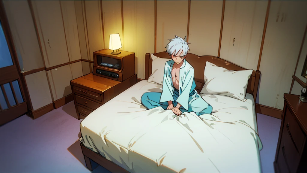 "20-year-old boy with neatly trimmed white hair. He is in an empty room, sitting on a bed, with a melancholic expression. The scene is inspired by Akon's 'Lonely' music video. The walls are plain, with a vintage telephone next to the bed. The soft lighting and sad atmosphere reflect a feeling of loneliness. He is wearing modern Y2K-style clothes, conveying a mix of nostalgia and contemporary."

Additional Description for AI:

Hair: White, modern style and neatly trimmed.

Age: 20s.

Setting: Empty room, sad and melancholic atmosphere, inspired by Akon's 'Lonely' music video.

Clothing: Y2K (2000s) style, modern.

Room Elements: Plain bed, vintage telephone, soft lighting.

This should provide a detailed description to create an AI image of the character you described in the desired setting.