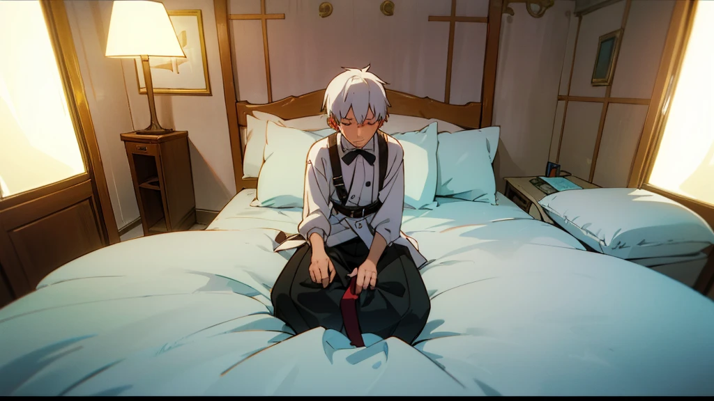 "20-year-old boy with neatly trimmed white hair. He is in an empty room, sitting on a bed, with a melancholic expression. The scene is inspired by Akon's 'Lonely' music video. The walls are plain, with a vintage telephone next to the bed. The soft lighting and sad atmosphere reflect a feeling of loneliness. He is wearing modern Y2K-style clothes, conveying a mix of nostalgia and contemporary."
Additional Description for AI:
Hair: White, modern style and neatly trimmed.
Age: 20s.
Setting: Empty room, sad and melancholic atmosphere, inspired by Akon's 'Lonely' music video.
Clothing: Y2K (2000s) style, modern.
Room Elements: Plain bed, vintage telephone, soft lighting.
This should provide a detailed description to create an AI image of the character you described in the desired setting.