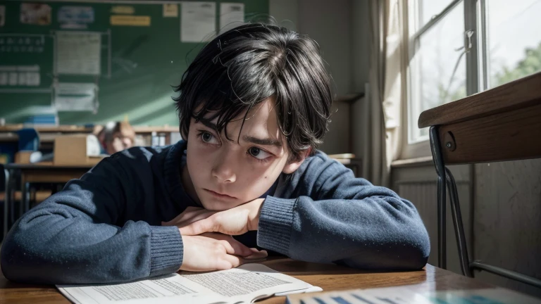 (best quality,highres,masterpiece:1.2),ultra-detailed,(realistic:1.37)
A very sad Very tired 17-year-old male boy in the classroom,softspoken a boy,crying quietly,feeling ashamed,tearful eyes,downcast gaze,sorrowful expression,
,sitting at a desk,wearing a ,trying to hide,hunched shoulders,
barely visible smile,head bent down,sadness reflected in his eyes,feeling out of place,shy and introverted,nervous and uncomfortable,
surrounded by classmates,ignoring him,looking away,unfriendly glances,
brightly lit classroom,neat and tidy,with colorful walls and decorative posters,
chalkboard covered in equations and drawings,books and school supplies scattered on the desk,
sound of children's laughter and conversation,noise filling the air,creating an overwhelming atmosphere,
deep blue color palette,evoking a sense of melancholy and isolation,
soft natural light shining through the window,casting gentle shadows on the floor,
longing for acceptance and friendship,hoping for someone to reach out,
an emotionally charged scene,capturing the vulnerability and fragility of childhood. Anime