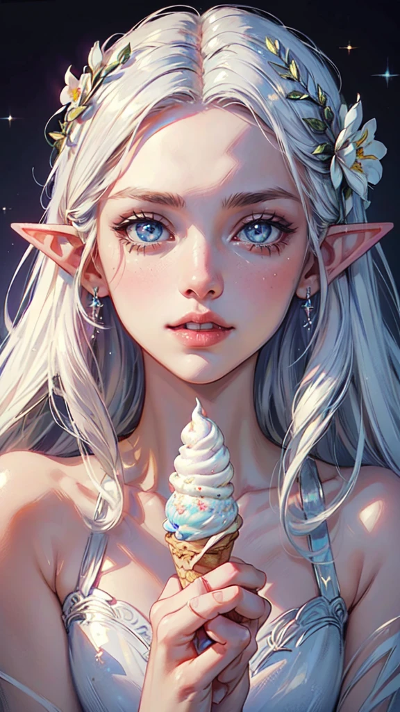 masterpiece, highest quality, (perfect face:1.1, (high detail)1.1, sweet Alien vampire eating ice cream, long soft white hair, opal eyes, perfectly drawn face, ice cream shoppe detailed background, prismatic lighting, glitter,detailed eyes, detailed hands, detailed eyes, elf woman, flowers
