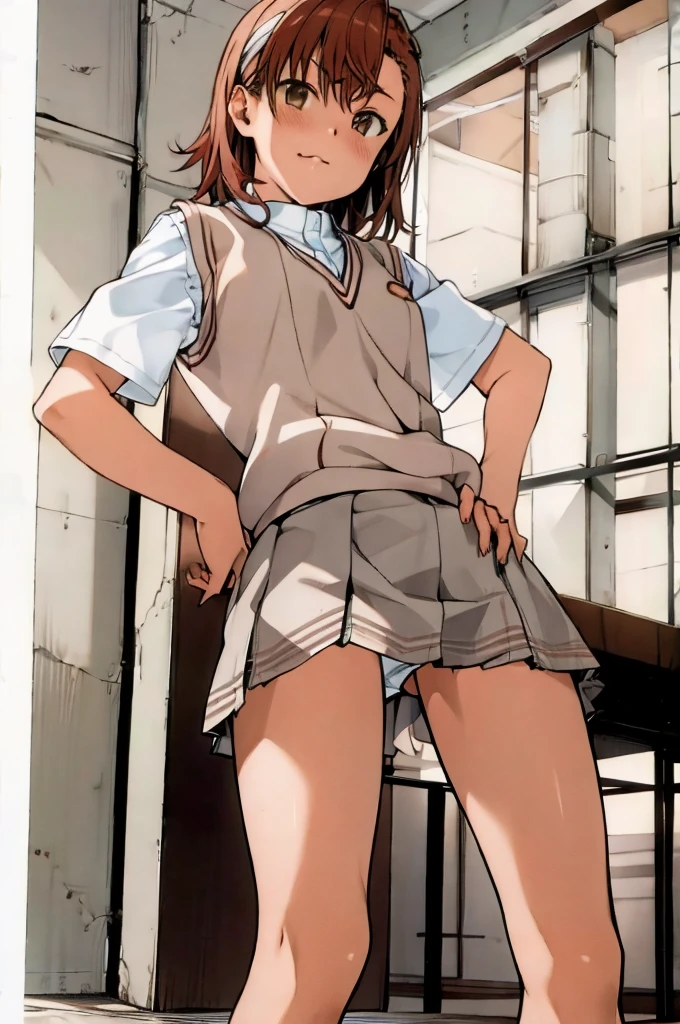 masterpiece, best quality, highres, 1girl, standing, hand on hip, misaka mikoto tokiwadai ,white shirts,vest,miniskirt,loose socks