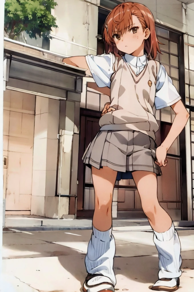 masterpiece, best quality, highres, 1girl, standing, hand on hip, misaka mikoto tokiwadai ,white shirts,vest,miniskirt,loose socks