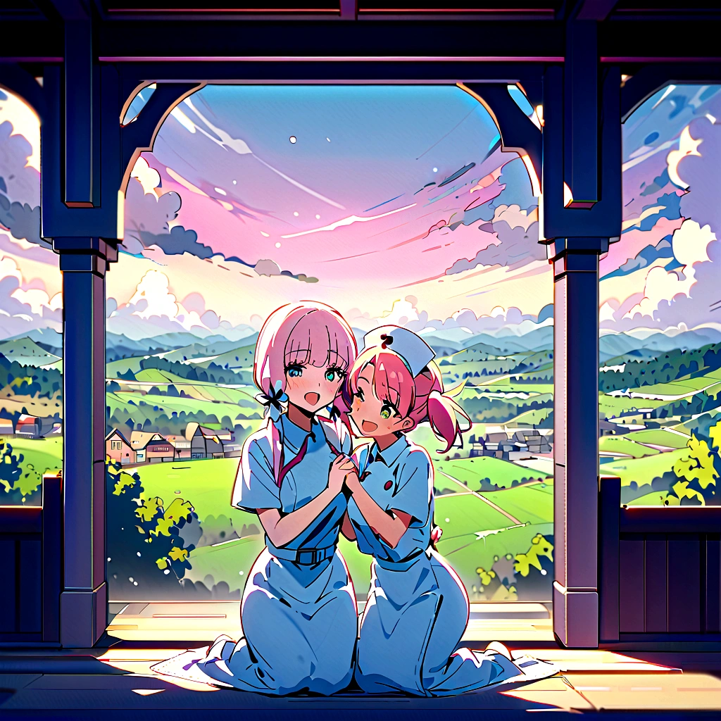 Caring for someone with a fever。Place a wet towel on your forehead、Pink haired nurse