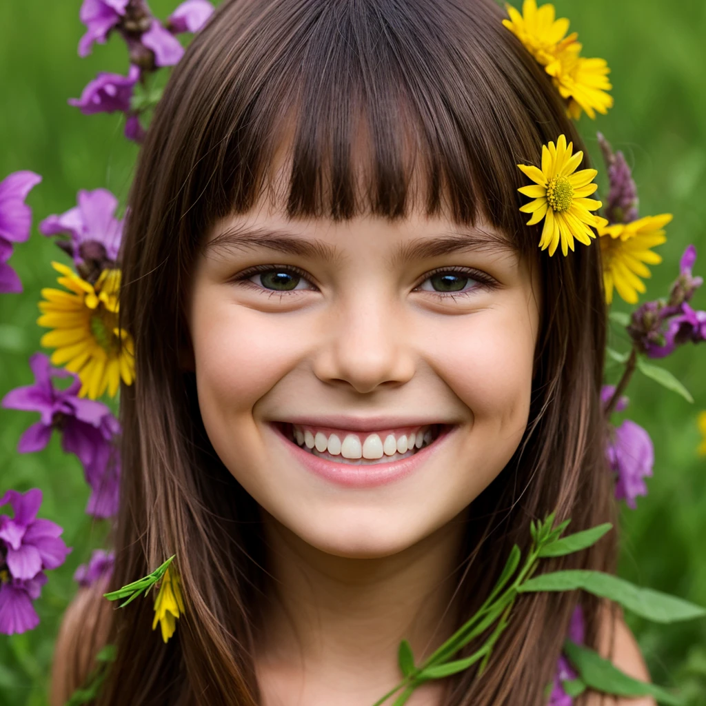 a smiling face made out of wild flowers, no color