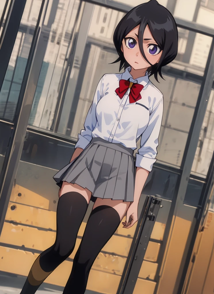 ((best quality)), ((highly detailed)), masterpiece, , (1girl), Perspective distortion, cowboy shot, ((wide shot)), Rukia, black hair, short hair, hair between eyes, purple eyes,  , white collared shirt, red bowtie, grey pleated skirt, socks, shoes, (outside, black thighhighs,medium breasts,nsfw