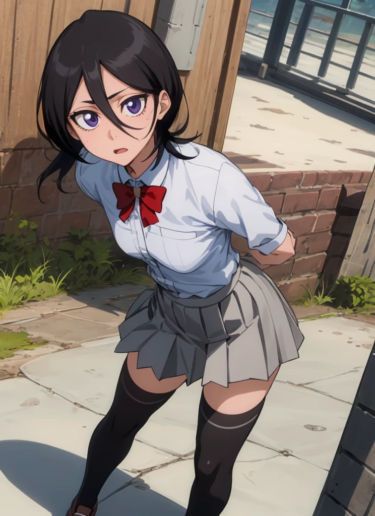 ((best quality)), ((highly detailed)), masterpiece, , (1girl), Perspective distortion, cowboy shot, ((wide shot)), Rukia, black hair, short hair, hair between eyes, purple eyes,  , white collared shirt, red bowtie, grey pleated skirt, socks, shoes, (outside, black thighhighs,medium breasts,nsfw