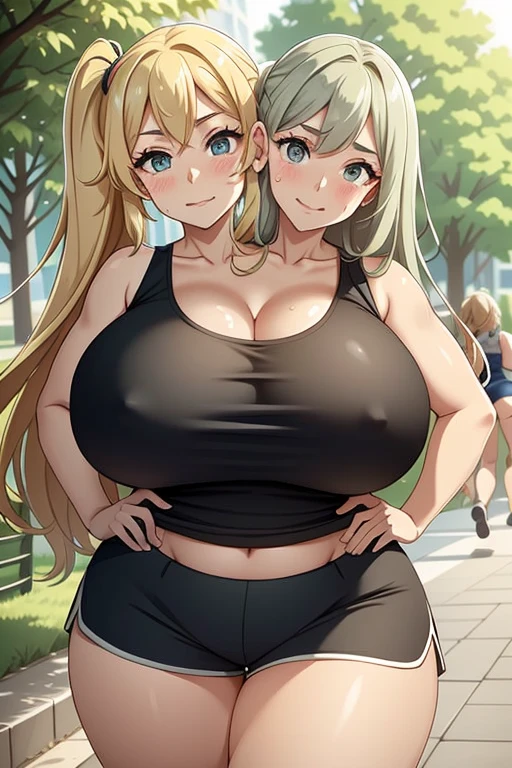 2heads, a short fat woman with 2 heads. She has massive breasts. She is outside in a park during the day. She is wearing a tank top and running shorts. She is holding up her breasts. She is sweaty. She is smiling. She looks like she was running. She looks tired. Her breasts are enormous. She has long blonde hair in a ponytail. Massive breasts.