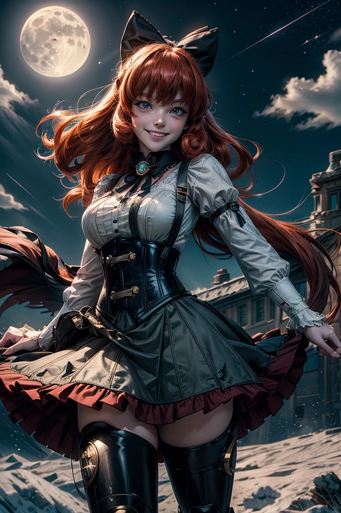 night, moon, stars, cowboy shot, (dynamic pose), smile, underbust, Penny Polendina, long red hair, neck ribbon, suspender skirt, corset, black bow, white blouse, mechanical legs, neon trim, flying in the sky, blue sky, clouds (volumetric lighting), intricate details, tonemapping, sharp focus, hyper detailed