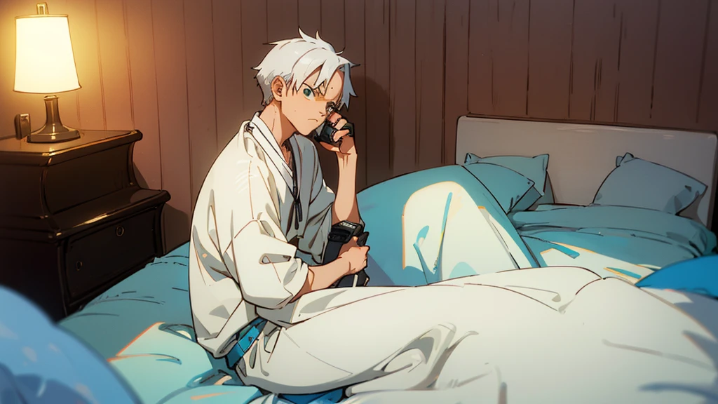 "20-year-old boy with neatly trimmed white hair. He is in an empty room, sitting on a bed, with a melancholic expression. The scene is inspired by Akon's 'Lonely' music video. The walls are plain, with a vintage telephone next to the bed. The soft lighting and sad atmosphere reflect a feeling of loneliness. He is wearing modern Y2K-style clothes, conveying a mix of nostalgia and contemporary."
Additional Description for AI:
Hair: White, modern style and neatly trimmed.
Age: 20s.
Setting: Empty room, sad and melancholic atmosphere, inspired by Akon's 'Lonely' music video.
Clothing: Y2K (2000s) style, modern.
Room Elements: Plain bed, vintage telephone, soft lighting.
This should provide a detailed description to create an AI image of the character you described in the desired setting.
