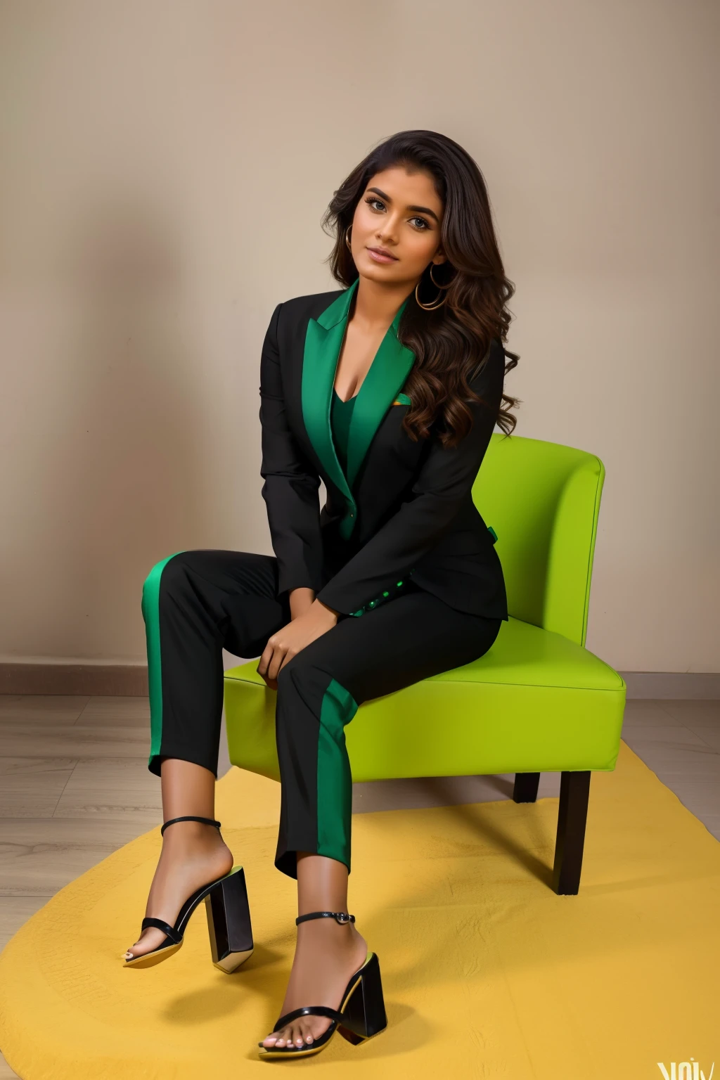 A beautiful 20-year-old indian woman with wavy brown hair, wearing a bold and (black green geometric suit)). Colorful atmosphere, photo studio, artistic,(( black sandal square heels)) , sitting on a chair