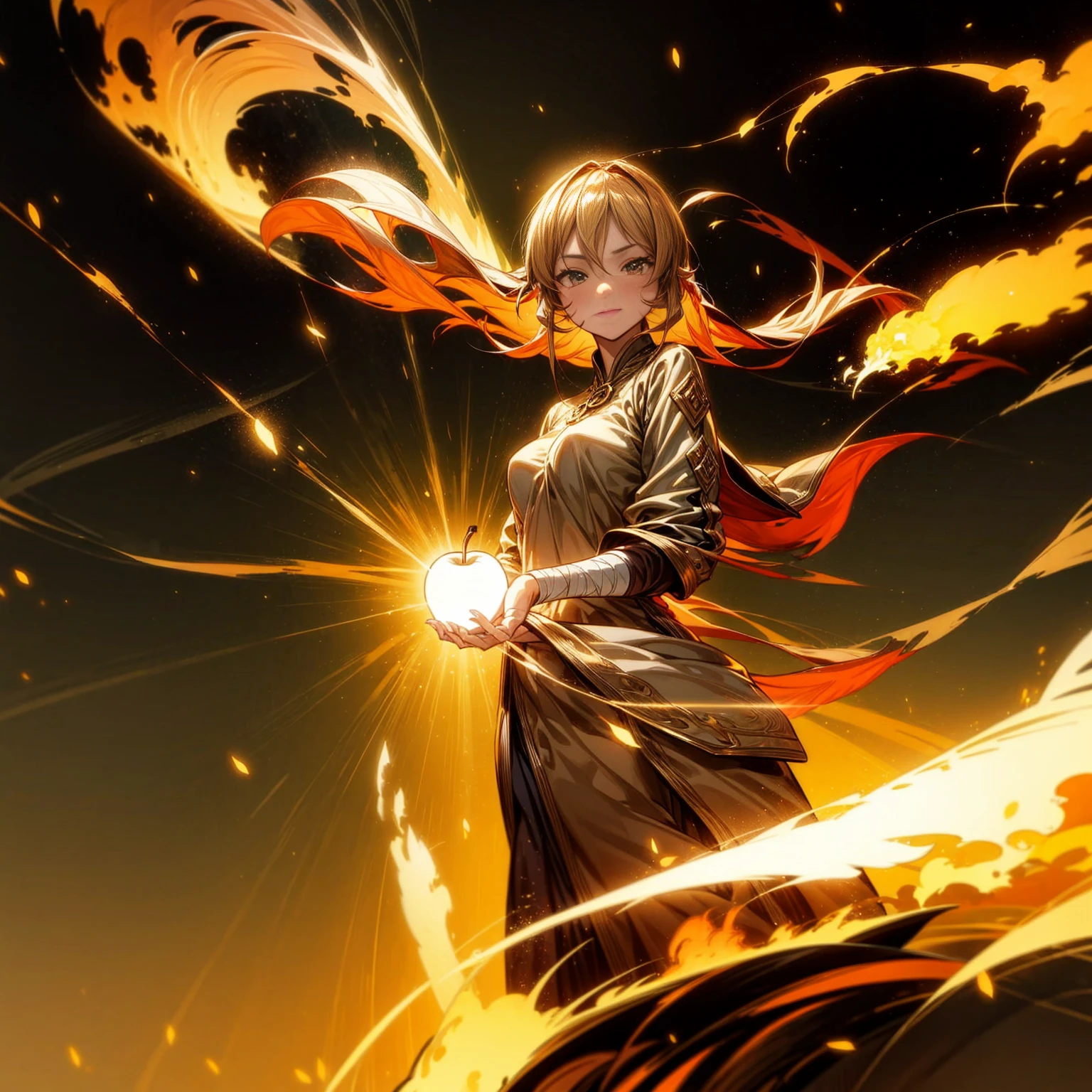 1girl, Full body version, 1character, adult version, green color eyes color, long haircut, brown colour hair, Happy expression, Bandage on his hand, medieval style clothing, gold Apple in hand, background in town, motion blur, aura effect, lighting gold Apple, smoke aura in hand, lighting fire, fire effect, sunlight, Light silhouette, golden light aura, apple emitting smoke aura, (pokemon style art)