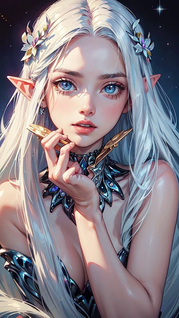 masterpiece, highest quality, (perfect face:1.1, (high detail)1.1, sweet Alien vampire eating ice cream, long soft white hair, opal eyes, perfectly drawn face, ice cream shoppe detailed background, prismatic lighting, glitter,detailed eyes, detailed hands, detailed eyes, elf woman, flowers,full body
