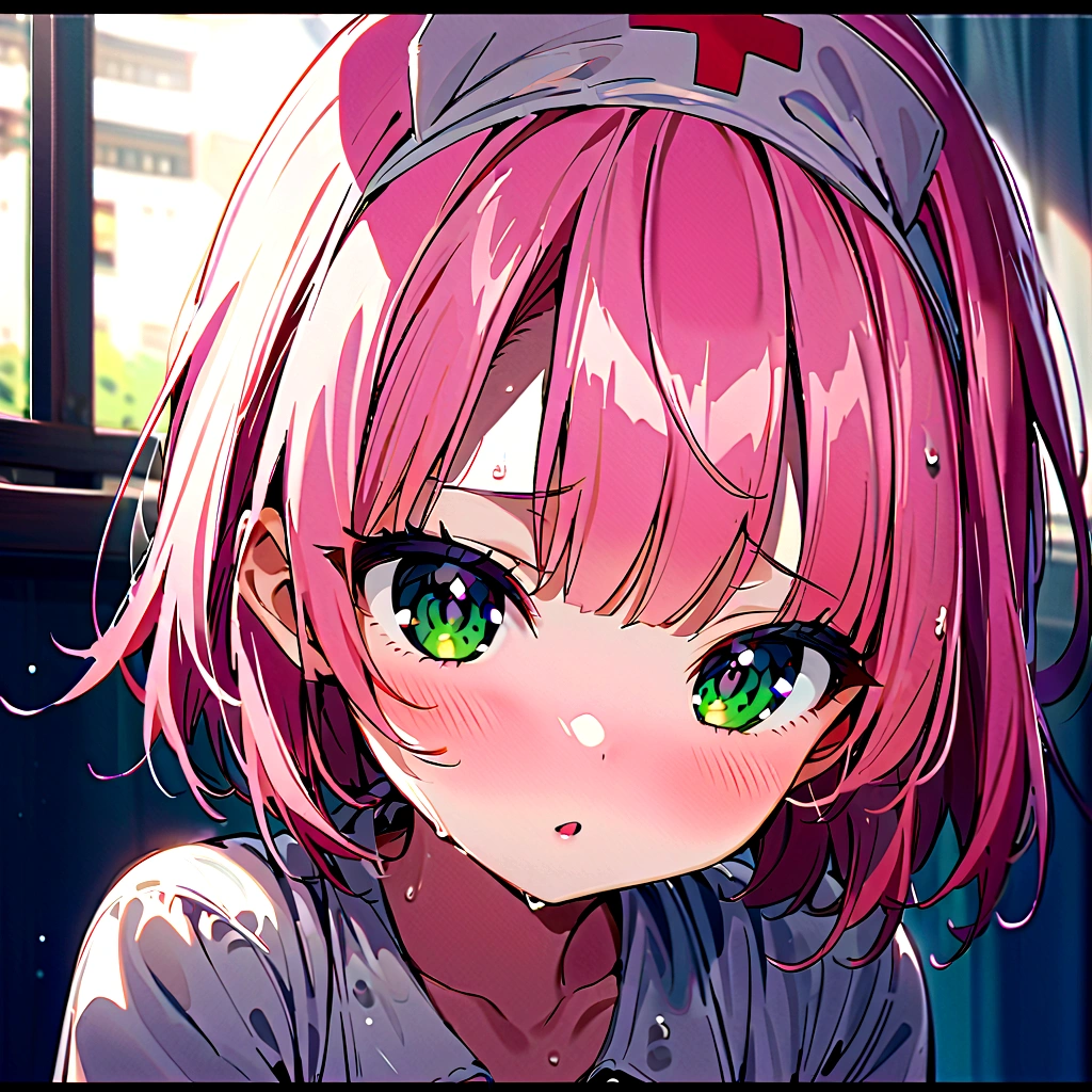 To care for the sick。Place a wet towel on your forehead、Pink haired nurse