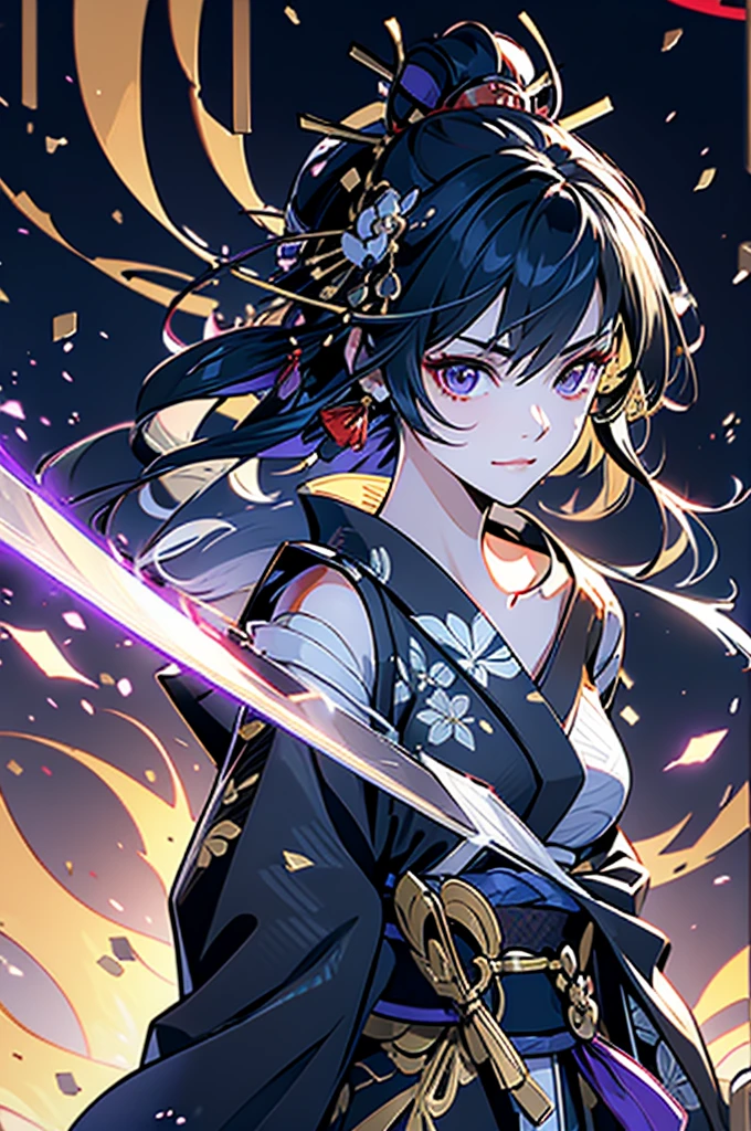 ((roll up bandage sideways on a chest tightly to cover the chest without gaps)), flat chest,Japanese Gangster BOSS, adult woman with the dignified presence, Killing Qi, don't wear around shoulder, don't wear around neck,wear the kimono from the waist down, ((kimono come off)) ,wear the kimono multiple times, Bare shoulders and the clavicle, black and gold kimono, put on over jacket of kimono, holding a japanese sword which shine in purple, The pattern of the sword is black, and the blade is silver, long sword, eye fire, low angle, whole body, bandage is seen, anime character, Glaring, off sholder, nappropriate smile, Excellent, black blue hair, can see both shoulder, long hem