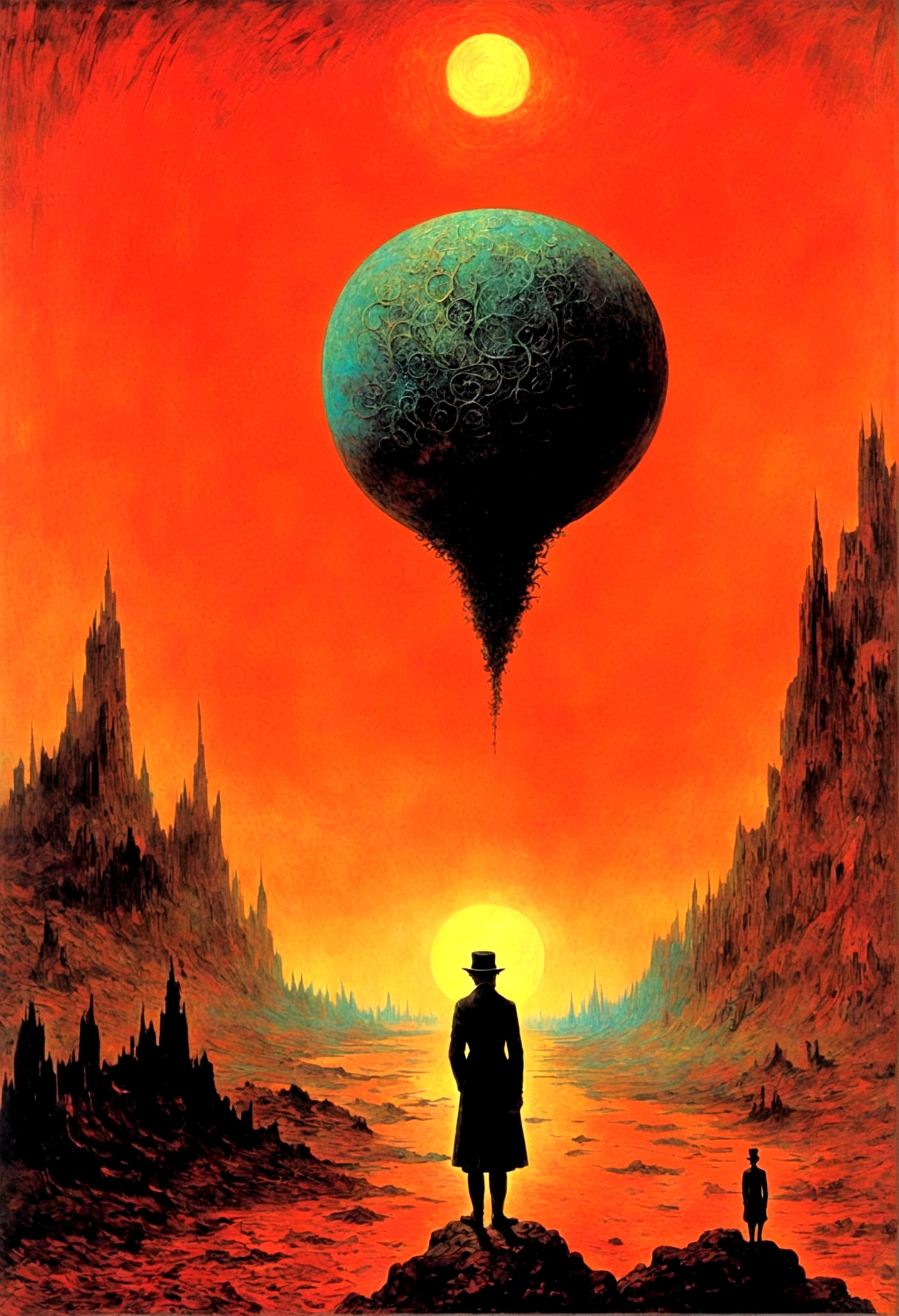 Mythical creatures, author:Zdzislaw Beksiński and Vincent van Gogh, Album cover, romantic, Surrealism, Futuristic , Coral,Abstracted, landscape