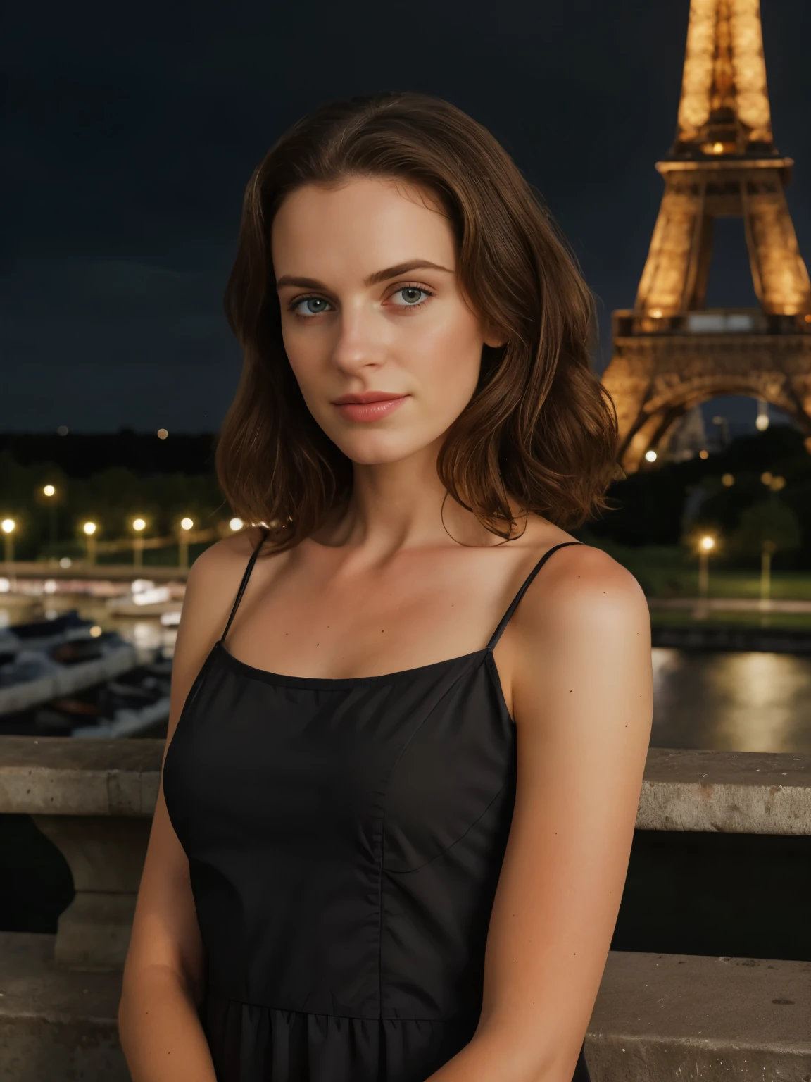 Photographie d&#39;1 belle fille métisse de 19 ans , Wearing is a tank top with shorts , brown-hair ,en France avec la tour Eiffel , Portrait photographique, Souriant, regarde la caméra , spectacular lighting, Brown eyes, magnificent, (deep cleavage), Photo shoot, western, (head of&#39;ouvrages d&#39;art), best quality, high resolution, extremely detailed background, skin with pores, , cinema lighting completed