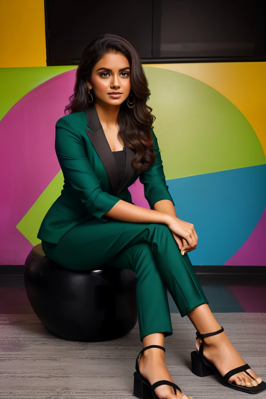 A beautiful 20-year-old indian woman with wavy brown hair, wearing a bold and (black green geometric suit)). Colorful atmosphere, photo studio, artistic,(( black sandal square heels)) , sitting on a chair