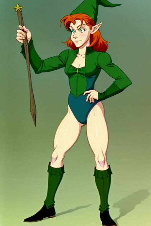 a redhead cartoon character dressed in a green outfit, leotard, very muscular, young half elf wizard, a young male wizard, half-elf time wizard, granny weatherwax, 1980s cartoon, animated episode still, norman rockwel, witch academia, portrait of a young elf wizard, tiny evil alchemist gnome, presto, (((mad))), gadget hackwrench